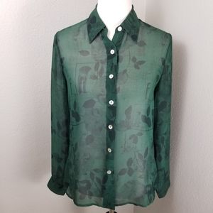 Vintage Silk Blouse Green Black Floral Medium